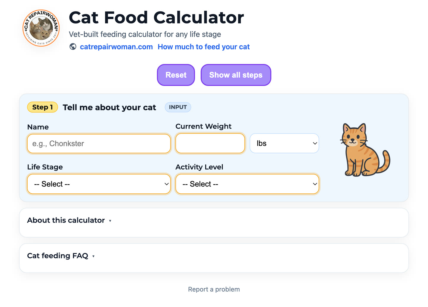 The Cat Food Calculator's first step, asking for a cat's name, current weight, life stage, and activity level, next to a cartoon cat.