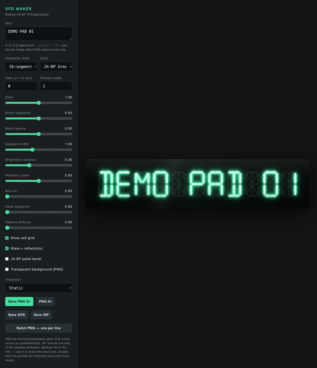 VFD Maker open with a fictional “DEMO PAD 01” line displayed in green segmented lettering.