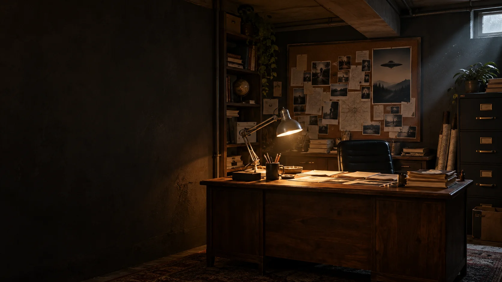 A warmly lit, illustrated home office with a desk, bookshelves, and a corkboard.